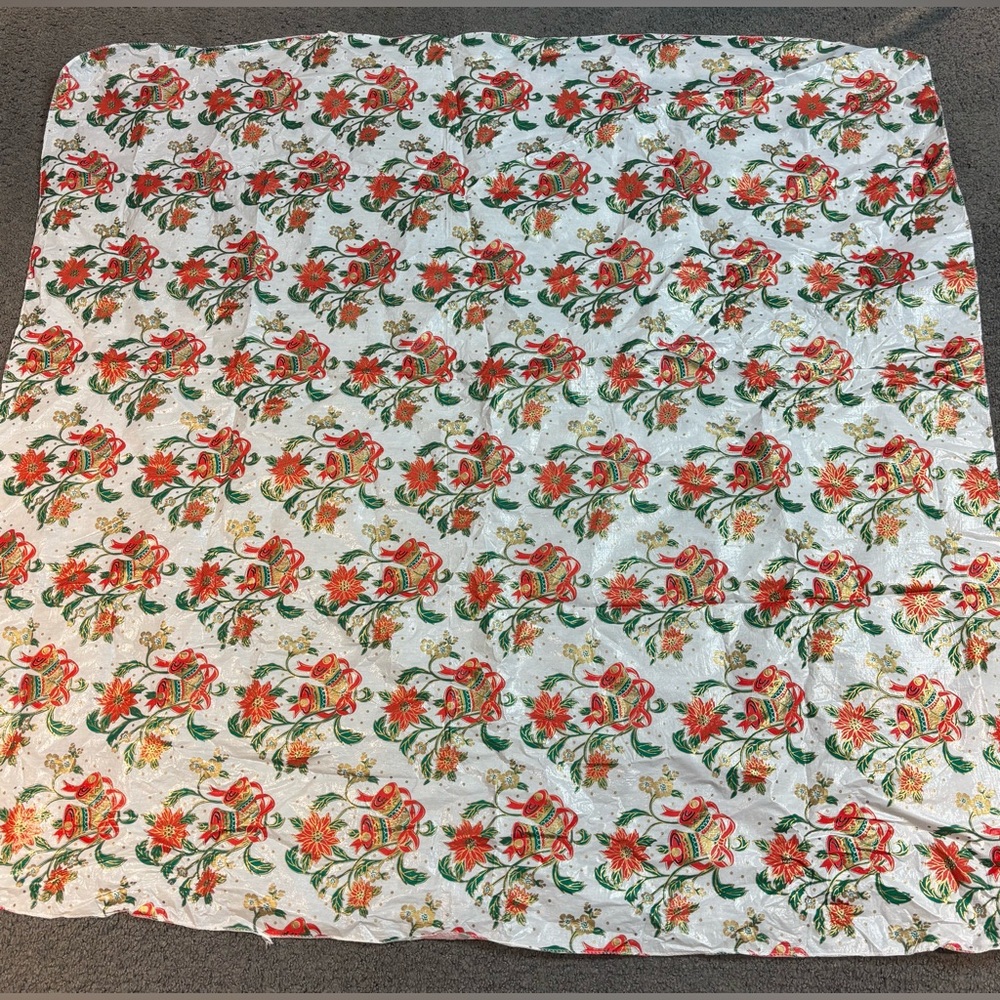 Vintage Christmas Vinyl Flannel Back Red Poinsettia Bell Tablecloth Square 51x51